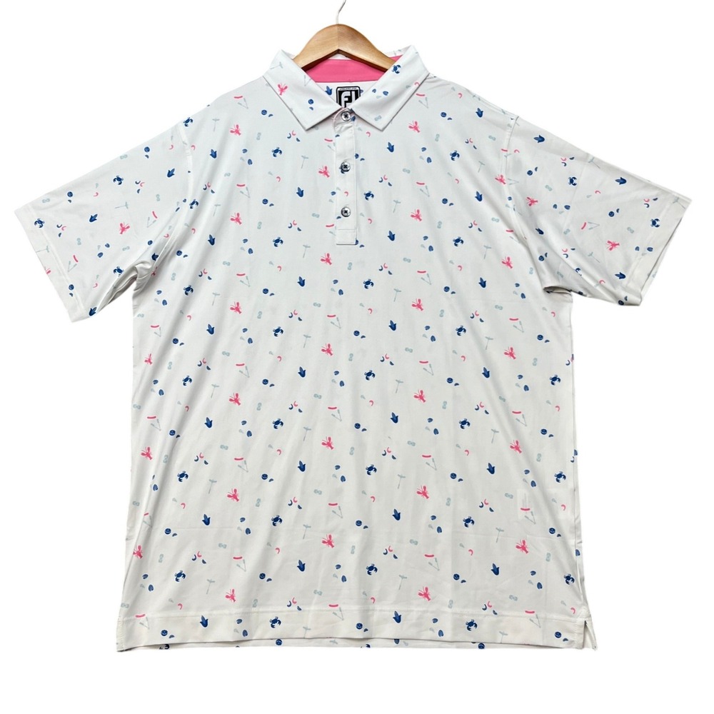 FootJoy Polo Shirt Mens XL White Clam Bake Print Athletic Golf 3 Button Placket